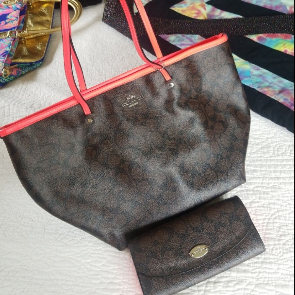 Neon Coach City Zip Tote And Wallet